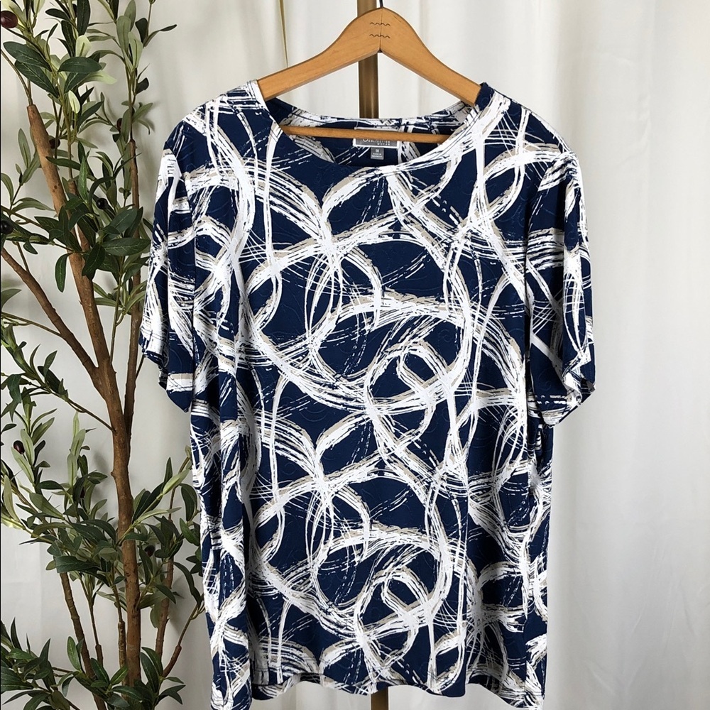 JM Collection Navy and White Circle Print Top Sz 1X (V1)